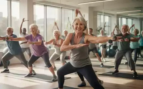 Ältere Menschen (55+) machen leichte Fitnessübungen in einem modernen Fitnessstudio, lächeln und interagieren. - Foto: über boerse-global.de