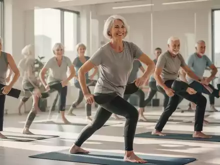 Eine Gruppe von Erwachsenen über 40 führt Hüftbeweglichkeitsübungen in einem hellen Studio durch, konzentriert und aktiv. - Foto: über boerse-global.de