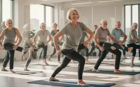 Eine Gruppe von Erwachsenen über 40 führt Hüftbeweglichkeitsübungen in einem hellen Studio durch, konzentriert und aktiv. - Foto: über boerse-global.de
