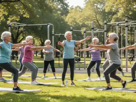 Eine Gruppe Senioren macht draußen Fitnessübungen in einem Park, angeleitet von einem Trainer. - Foto: über boerse-global.de