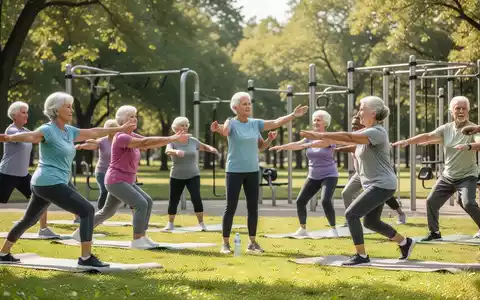 Eine Gruppe Senioren macht draußen Fitnessübungen in einem Park, angeleitet von einem Trainer. - Foto: über boerse-global.de