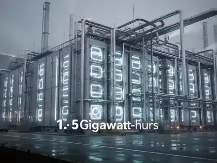 Eine riesige, moderne industrielle Batteriespeicheranlage mit leuchtenden Energiezellen und komplexen Rohrleitungen. - Foto: über boerse-global.de