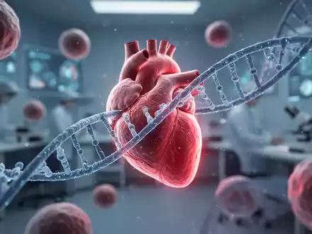 Nahaufnahme von Herzmuskelzellen und DNA-Strängen, die in einem Labor blau und rot leuchten, symbolisiert Genforschung gegen Herzschwäche. - Foto: über boerse-global.de