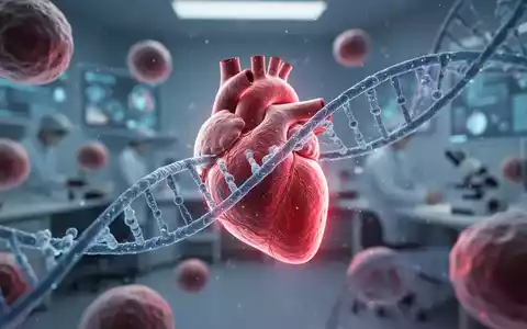 Nahaufnahme von Herzmuskelzellen und DNA-StrĂ€ngen, die in einem Labor blau und rot leuchten, symbolisiert Genforschung gegen HerzschwĂ€che. - Foto: ĂŒber boerse-global.de