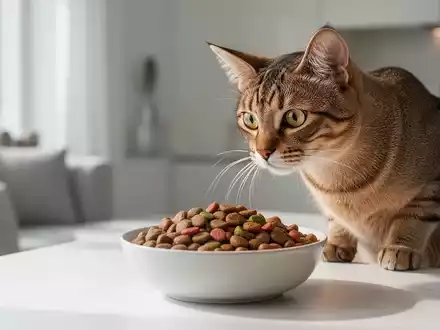 Eine gesunde, aufmerksame Katze blickt in einen Napf mit hochwertigem Katzenfutter in einem modernen Wohnambiente. - Foto: über boerse-global.de