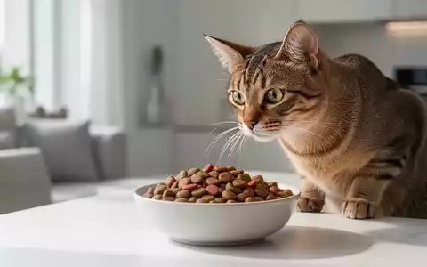 Eine gesunde, aufmerksame Katze blickt in einen Napf mit hochwertigem Katzenfutter in einem modernen Wohnambiente. - Foto: über boerse-global.de