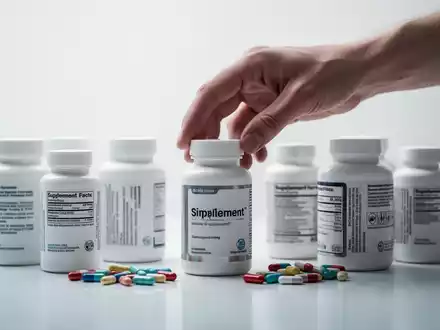 Eine Hand nimmt eine Flasche aus einer Sammlung von Nahrungsergänzungsmitteln und Pillen auf einem weißen Hintergrund. - Foto: über boerse-global.de