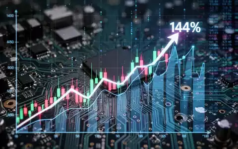Ein stilisierter, stark ansteigender Börsenkursgraph mit 144% Zunahme über verschwommenen Hightech-Leiterplatten. - Foto: über boerse-global.de
