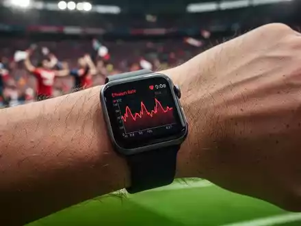 Nahaufnahme einer Smartwatch am Handgelenk, die Herzfrequenzdaten anzeigt, mit einem verschwommenen Fußballstadion im Hintergrund. - Foto: über boerse-global.de