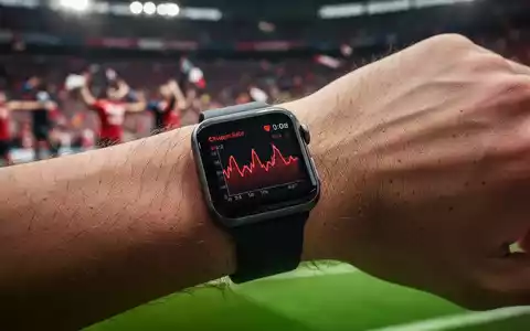 Nahaufnahme einer Smartwatch am Handgelenk, die Herzfrequenzdaten anzeigt, mit einem verschwommenen Fußballstadion im Hintergrund. - Foto: über boerse-global.de