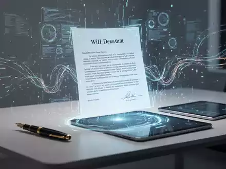 Ein minimalistischer Schreibtisch mit einem holografischen digitalen Testament, das von Datenströmen umgeben ist, symbolisiert die digitale Nachlassregelung. - Foto: über boerse-global.de
