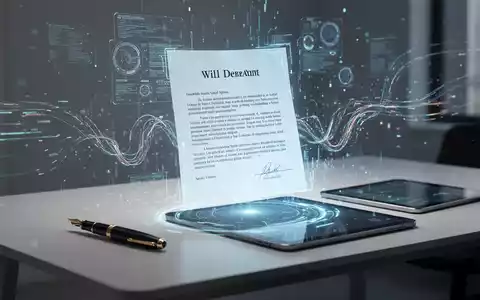 Ein minimalistischer Schreibtisch mit einem holografischen digitalen Testament, das von Datenströmen umgeben ist, symbolisiert die digitale Nachlassregelung. - Foto: über boerse-global.de