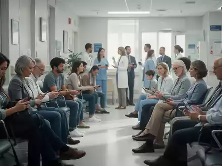 Eine Gruppe von Menschen unterschiedlichen Alters und Geschlechts wartet in einem modernen Krankenhaus-Wartebereich. - Foto: über boerse-global.de