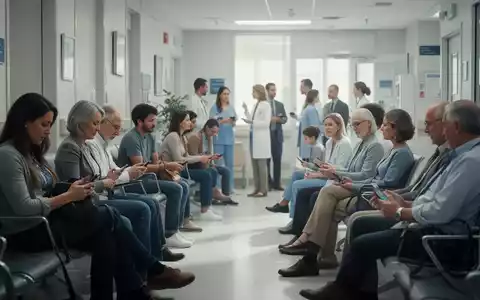Eine Gruppe von Menschen unterschiedlichen Alters und Geschlechts wartet in einem modernen Krankenhaus-Wartebereich. - Foto: über boerse-global.de