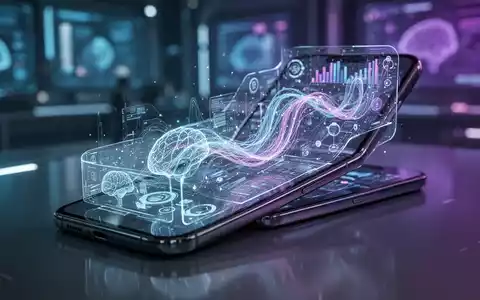 A modern smartphone displaying a glowing, translucent user interface with abstract data flows, symbolizing speed and AI integration. - Foto: über boerse-global.de