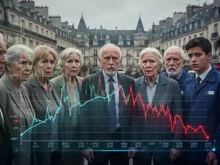 Eine Gruppe älterer und jüngerer Menschen, die sich um ein Diagramm versammelt haben, das wirtschaftliche Herausforderungen und demografischen Wandel darstellt. - Foto: über boerse-global.de