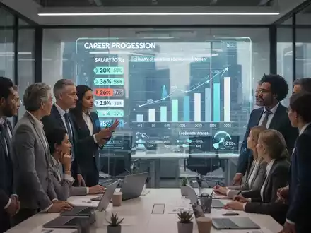 Geschäftsleute in einem modernen Büro, die Gehaltsspannen und Karrierepfade auf einem digitalen Bildschirm betrachten. - Foto: über boerse-global.de
