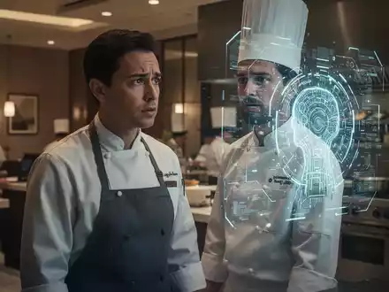 Ein nachdenklicher Hotelmitarbeiter blickt auf eine futuristische KI-Schnittstelle, die Unsicherheit über die Zukunft der Arbeit widerspiegelt. - Foto: über boerse-global.de
