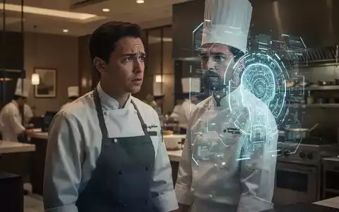 Ein nachdenklicher Hotelmitarbeiter blickt auf eine futuristische KI-Schnittstelle, die Unsicherheit über die Zukunft der Arbeit widerspiegelt. - Foto: über boerse-global.de