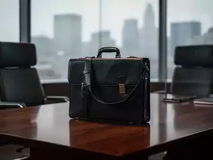 Ein einsamer Aktenkoffer auf einem Tisch in einem leeren, modernen Büro mit Blick auf eine graue Stadtlandschaft. - Foto: über boerse-global.de