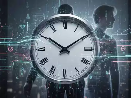 Eine stilisierte Uhr verschmilzt mit digitalen Datenströmen und einer menschlichen Silhouette, symbolisierend Zeit- und Personalmanagement. - Foto: ĂŒber boerse-global.de