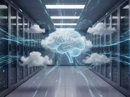 A stylized image representing cloud storage and AI, with data flowing between servers and a glowing brain symbol. - Foto: über boerse-global.de