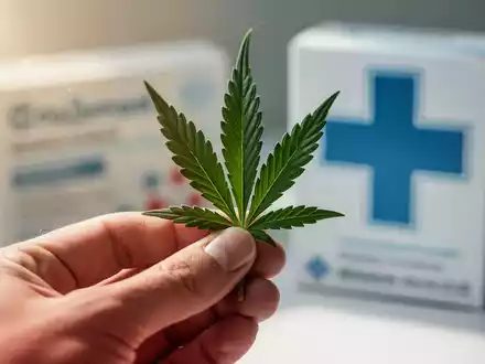 Eine Hand hält ein Cannabisblatt, im Hintergrund verschwommen Medikamentenverpackungen und ein medizinisches Kreuz. - Foto: über boerse-global.de