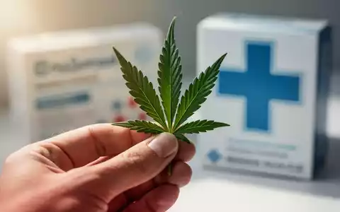 Eine Hand hĂ€lt ein Cannabisblatt, im Hintergrund verschwommen Medikamentenverpackungen und ein medizinisches Kreuz. - Foto: ĂŒber boerse-global.de