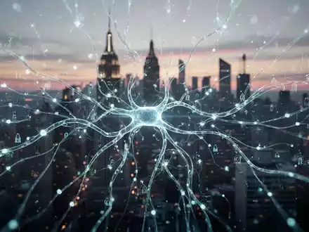 A glowing, intricate neural network visualization overlaid on a blurred cityscape at dusk, symbolizing AI's role in addressing urban social issues. - Foto: über boerse-global.de