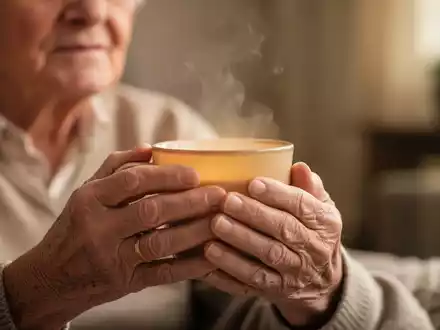 Nahaufnahme der Hände einer älteren Person, die eine Tasse halten, mit einem nachdenklichen Ausdruck im Gesicht, in einer beruhigenden Umgebung. - Foto: über boerse-global.de