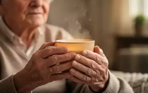 Nahaufnahme der Hände einer älteren Person, die eine Tasse halten, mit einem nachdenklichen Ausdruck im Gesicht, in einer beruhigenden Umgebung. - Foto: über boerse-global.de