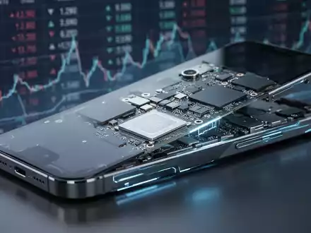 Ein modernes Smartphone mit Blick auf die internen Komponenten und Schaltkreise. Im Hintergrund sind verschwommene Finanzdaten zu sehen. - Foto: über boerse-global.de