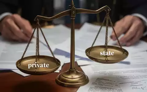 Zwei ungleichgewichtige Waagen, eine Seite mit privat ist schwerer als die Seite mit staatlich, im Hintergrund Rechtsdokumente. - Foto: über boerse-global.de