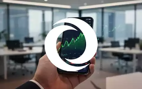 Nahaufnahme einer Hand, die ein Smartphone mit einer Börsen-App hält, im Hintergrund ein unscharfes Büro. - Foto: über boerse-global.de