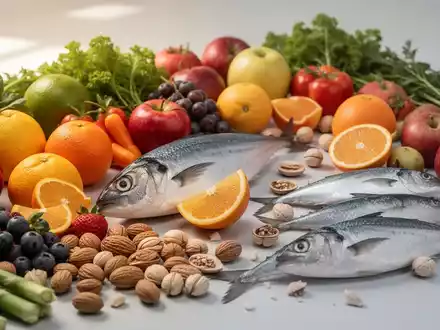 Eine Nahaufnahme einer vielfĂ€ltigen Auswahl an frischen, farbenfrohen FrĂŒchten, GemĂŒse, NĂŒssen und Fisch, kunstvoll arrangiert. - Foto: ĂŒber boerse-global.de