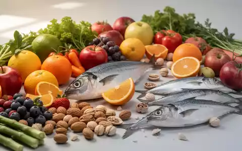 Eine Nahaufnahme einer vielfältigen Auswahl an frischen, farbenfrohen Früchten, Gemüse, Nüssen und Fisch, kunstvoll arrangiert. - Foto: über boerse-global.de