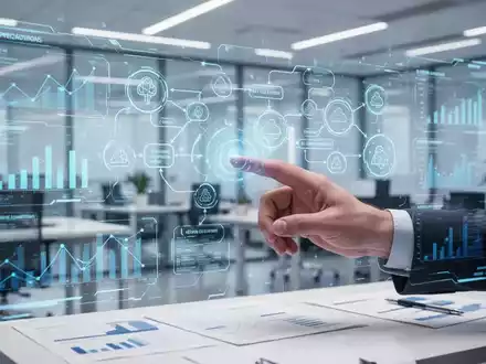 Eine Hand interagiert mit einer holografischen Anzeige, die Finanzdaten und KI-Flussdiagramme in einem modernen Büro zeigt. - Foto: über boerse-global.de
