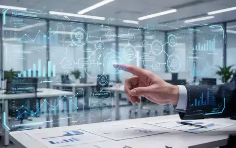 Eine Hand interagiert mit einer holografischen Anzeige, die Finanzdaten und KI-Flussdiagramme in einem modernen Büro zeigt. - Foto: über boerse-global.de