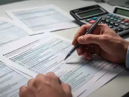 Hände füllen ein komplexes deutsches Steuerformular mit einem Stift aus, umgeben von verschwommenen Finanzdokumenten. - Foto: über boerse-global.de