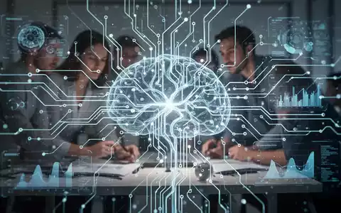 A glowing neural network with data visualizations, symbolizing AI research and digital productivity. Figures work in the blurred background. - Foto: über boerse-global.de