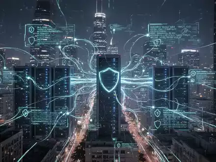 Abstract digital cityscape with glowing data lines flowing between servers, symbolizing critical security updates and vulnerability patches. - Foto: über boerse-global.de