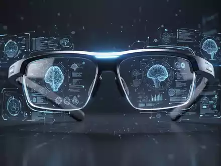 Close-up of sleek, futuristic smart glasses with glowing blue augmented reality displays over a blurred tech background. - Foto: über boerse-global.de
