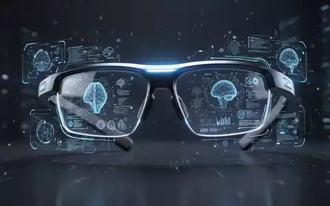Close-up of sleek, futuristic smart glasses with glowing blue augmented reality displays over a blurred tech background. - Foto: über boerse-global.de