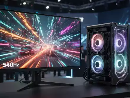 Ein futuristischer 540-Hz-Gaming-Monitor neben einem Computer-Kühler mit holografischen Lichteffekten auf einer Tech-Messe. - Foto: über boerse-global.de