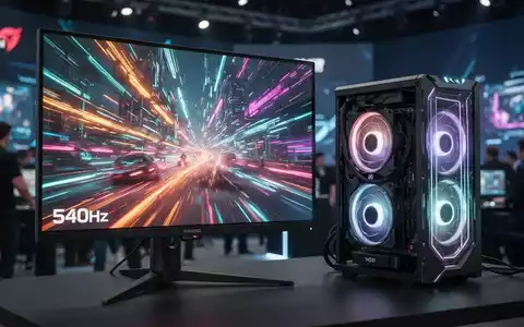 Ein futuristischer 540-Hz-Gaming-Monitor neben einem Computer-Kühler mit holografischen Lichteffekten auf einer Tech-Messe. - Foto: über boerse-global.de