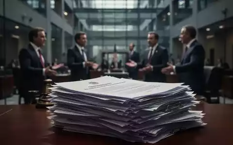 Ein Stapel von Gesetzestexten vor dem unscharfen Hintergrund eines modernen Regierungsgebäudes, das politische Debatten symbolisiert. - Foto: über boerse-global.de