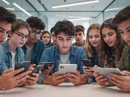 Jugendliche nutzen digitale Geräte, mit abstrakten Schnittstellen, die ihre Online-Interaktionen darstellen. Fokus auf ihre Gesichter. - Foto: über boerse-global.de