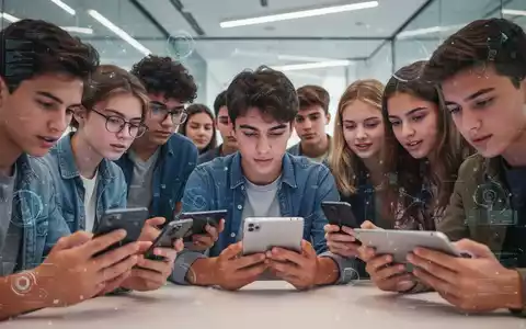 Jugendliche nutzen digitale Geräte, mit abstrakten Schnittstellen, die ihre Online-Interaktionen darstellen. Fokus auf ihre Gesichter. - Foto: über boerse-global.de