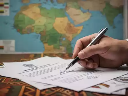 Eine Hand unterschreibt ein Dokument, im Hintergrund eine verschwommene Karte von Gabun, die Staatsverträge symbolisiert. - Foto: über boerse-global.de