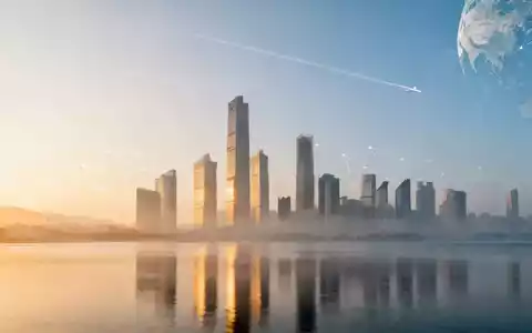 Ruhige, globale Stadtlandschaft bei Sonnenaufgang mit modernen Gebäuden und einem ruhigen Gewässer, das globale Konnektivität symbolisiert. - Foto: über boerse-global.de